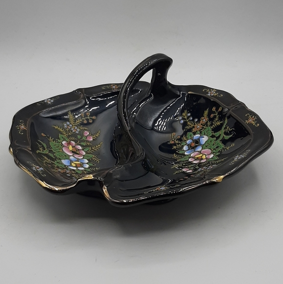 Vintage Black Divided Dish Hand Painted Moriage Flowers Handle Gold Trim Japan - Picture 2 of 9